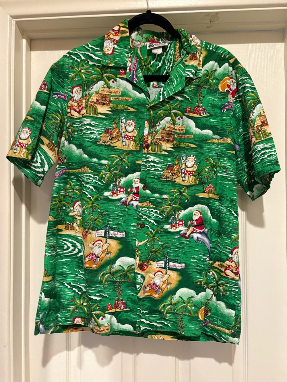 Aloha Republic Mens L Hawaiian Christmas Shirt Surfing Santa Made in USA